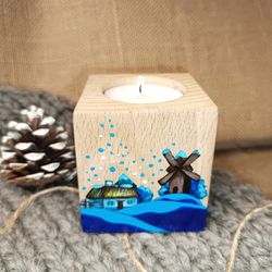 Wood block Candle Holders, Hand painted winter houses with snow, Wooden Tea Lite Christmas Blocks, Farmhouse Christmas,