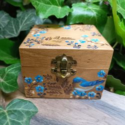 Rustic wooden box with blue flowers and bird, Oak box,Handmade box, Keepsake box, Storage Organisation Wood box Jewelry