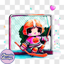 happy cartoon hockey player with puck and orange goalie net png