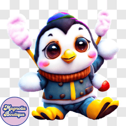 cartoon penguin in winter attire with hockey sticks png