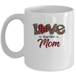 love being called mom leopard red plaid heart valentine mug