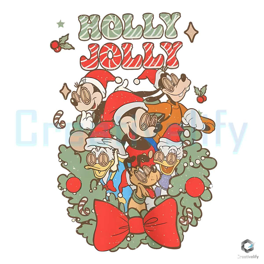 Holly Jolly Santa Mickey Friends PNG Xmas Wreath File.jpg