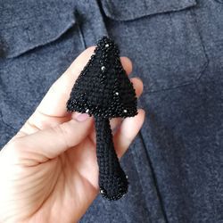 Black Mushroom cotton brooch , amanita brooch beads decor, black pins