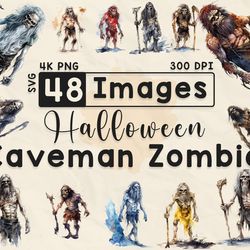 48 Spooky Halloween Zombie Caveman Clipart, Watercolor Clipart, Halloween PNG, Gothic Caveman, Scrapbook, Paper Crafts,