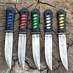 Handmade japniess knife Damascus steel blade handle is made by cow skin lather full tang hunting knife anniversary gift