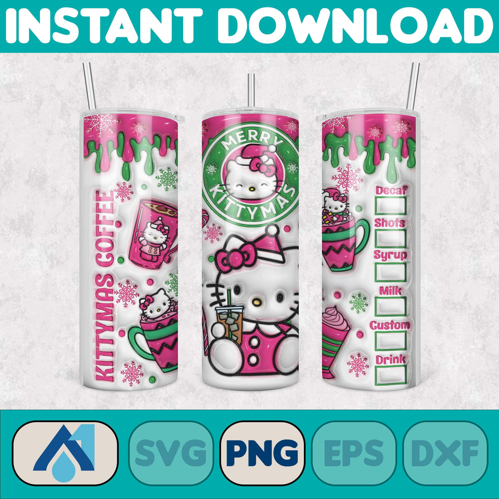 Kitty Christmas Coffee Tumbler, Cartoon Tumbler, Tumbler Wrap, Spring Flower Pink Cat PNG, 20oz Straight Skinny Wrap, Full Tumbler Wrap (25).jpg