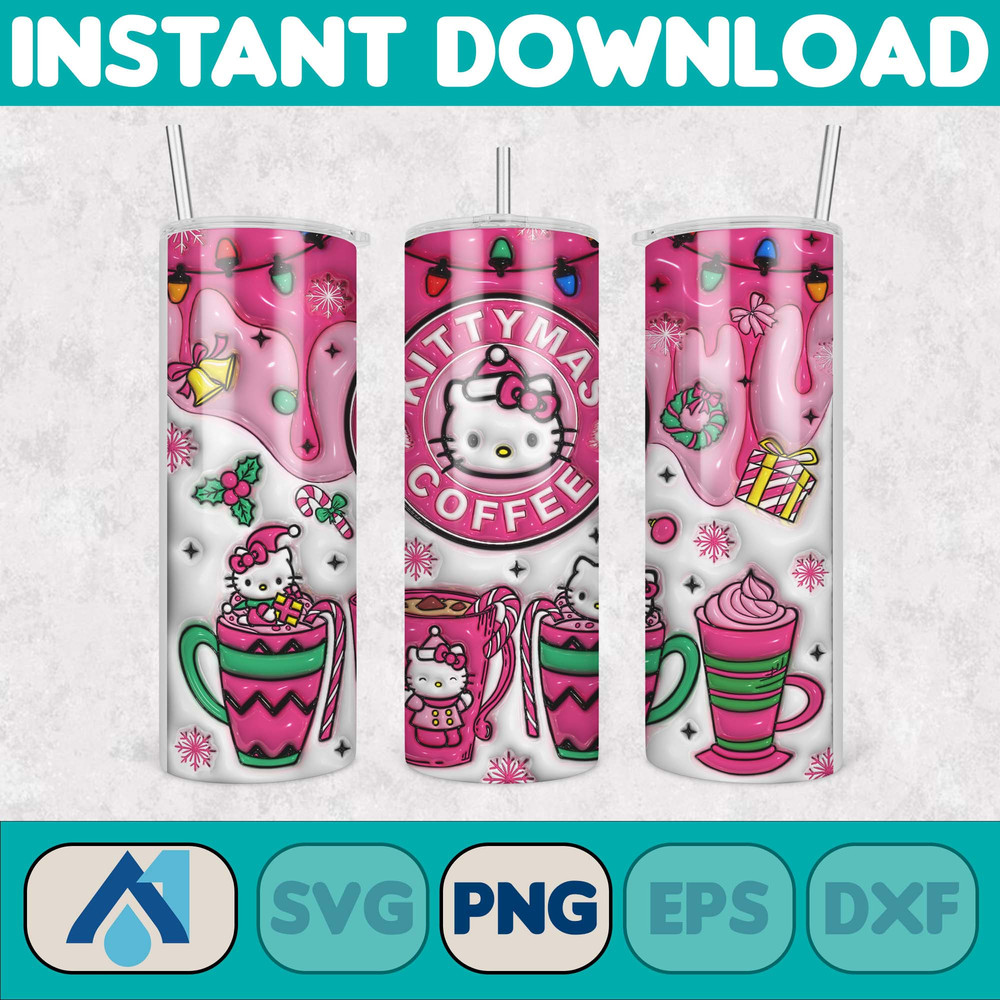 Kitty Christmas Coffee Tumbler, Cartoon Tumbler, Tumbler Wrap, Spring Flower Pink Cat PNG, 20oz Straight Skinny Wrap, Full Tumbler Wrap (3).jpg