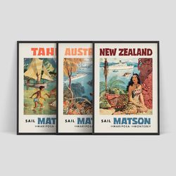 Set of three american travel posters by Matson Lines - Australia, Tahiti and New Zealand, 1950s