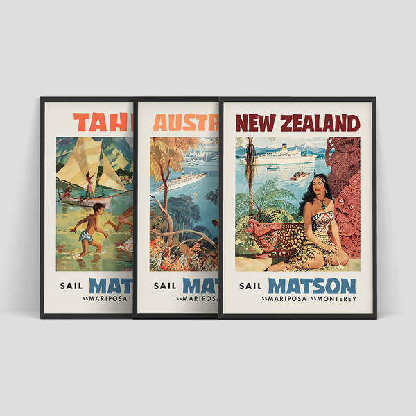 Set of three american posters by Matson Lines - Australia, Tahiti and New Zealand.jpg