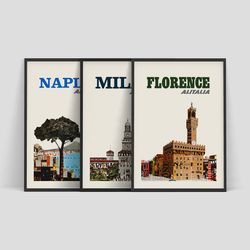 Set of three Italian travel posters by Alitalia Airlines - Florence, Milan and Naples, 1960s