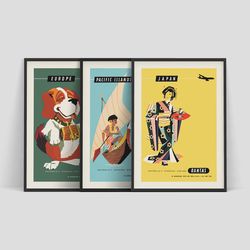 Set of three Qantas Airlines travel posters - Japan,  Europe and Pacific Islands,  1950s