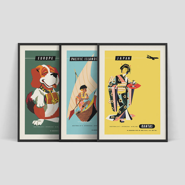 Set of three Qantas Airlines travel posters, 1950s - Japan, Pacific Islands, Europe.jpg