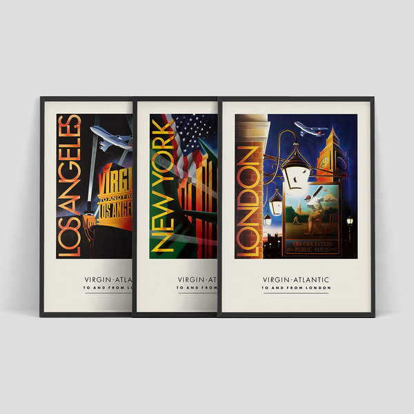 Set of three Virgin Atlantic travel posters, 1990 New York, Los Angeles, London.jpg