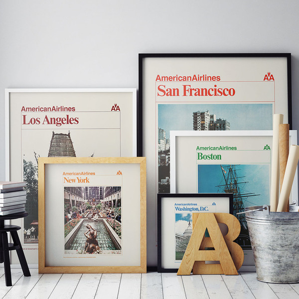 Set of five American Airlines travel posters 1970 New York, Los Angeles, San Francisco, Boston, Washington D.C..jpg