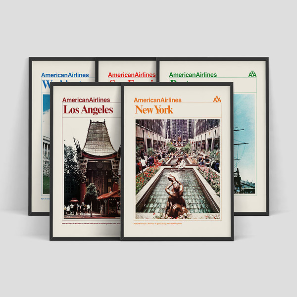 Set of five American Airlines travel posters New York, Los Angeles, San Francisco, Boston, Washington D.C.jpg