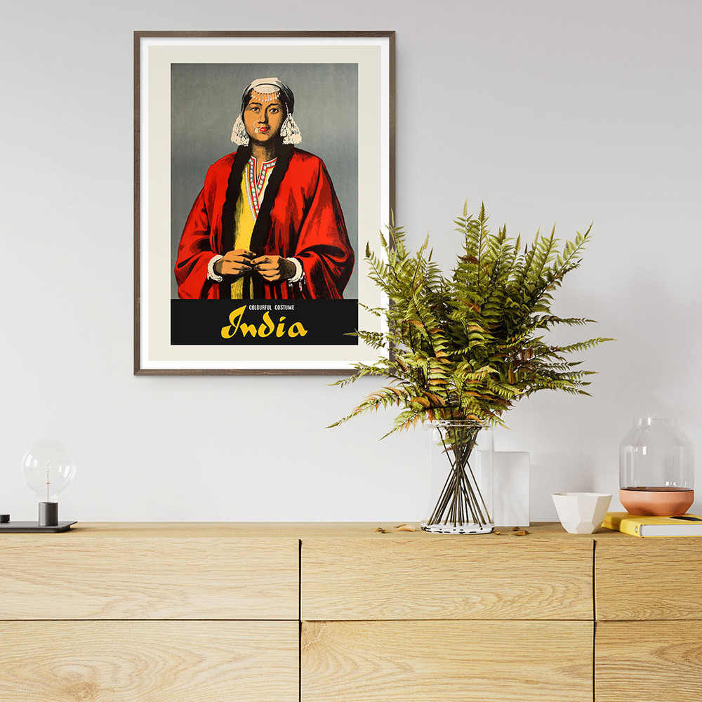 Colourful Costume India Indian vintage travel poster showing an Indian lady in a traditional dress.jpg