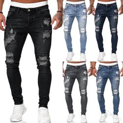 Fashion Street Style Ripped Skinny Jeans Men Vintage wash Solid Denim Trouser Mens Casual Slim fit pencil denim Pants ho