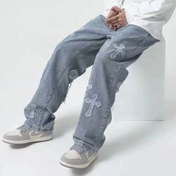 Streetwear Hip Hop Low Rise For Men Korean Y2k Fashion Trousers Cross Denim Pants Baggy Jeans Women Cargo Pants Punk Clo