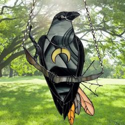 Mysterious Crow Witch Ornament Stained Suncatcher Black Bird