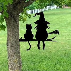 Iron Silhouette Cute Witch And Cat Garden Stake On The Branch Yard Art Decor