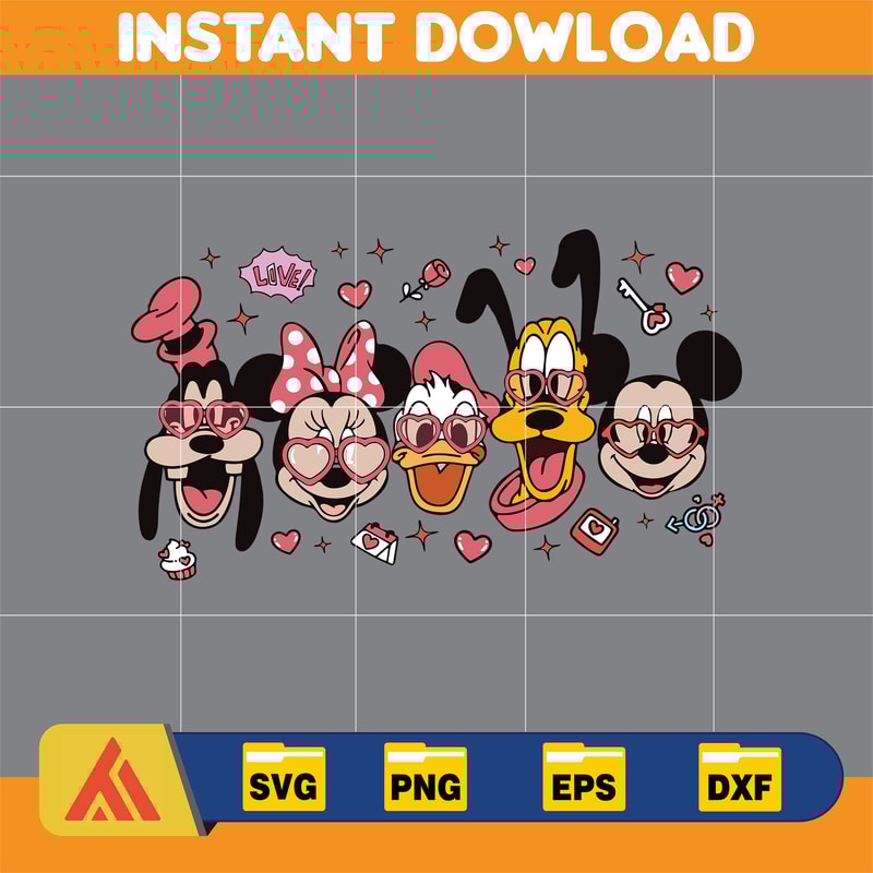 Valentines Day Mouse And Friends Svg, Valentine Hearts Svg, Retro Valentine's Day, Valentine's Day, Magical Valentine Svg, Cricut File.jpg