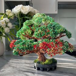 Great handmade beaded bonsai green red | realistic artificial bonsai tree | decorating idea | exclusive gift