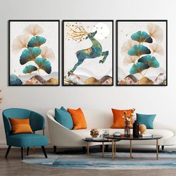 scandinavian 3 piece wall art print nordic deer and moon set of 3 poster gold wall decor extra large framed botanical ca