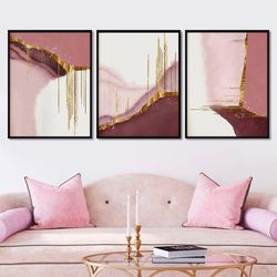 Abstract 3 piece wall art Minimalist poster Bedroom modern wall decor Gold pink extra large framed canvas Living room la
