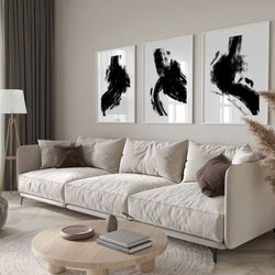 Bedroom Wall Art, Black and White Wall Art, 3 Piece Art Prints, Abstract Poster Set, Brush Strokes, Living Room Art, Set