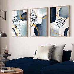 Blue Abstract Wall Art Set Of 3 Navy And Gold Watercolor Printable Wall Art Bedroom Posters Living Room Wall Decor For W