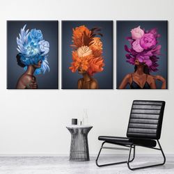 Colorful woman flowers wall art set Floral abstract blue orange panel print set of 3 canvas Living room Bedroom 3 piece