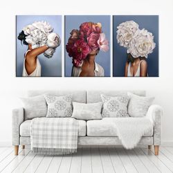 Colorful woman flowers wall art set Floral abstract light blue panel print set of 3 canvas Living room Bedroom 3 piece w