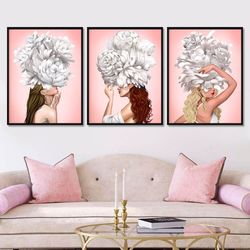 Colorful woman flowers wall art set Floral abstract pink panel print set of 3 canvas Living room Bedroom 3 piece wall fa
