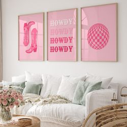Cowgirl Poster Set Of 3, Pink Rodeo Poster Print, Retro Style Poster, Howdy Poster, Pink Cowboy Boots, Trendy Wall Art,