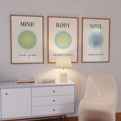 Mind Body Soul Aura Poster 3 Piece Wall Art, Aura Energy Spiritual Gradient Set of 3 Prints, Y2K Aesthetic Room Decor Sp