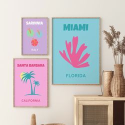 Travel Set of 3, Miami Beach Print, Santa Barbara print,Sardinia Print,Colorful Wall Art,Cities Poster Set, DOWNLOAD