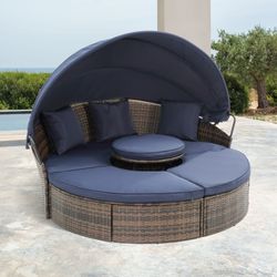Hot Sale KD Rattan Round Lounge With Canopy Bali Canopy Bed Outdoor