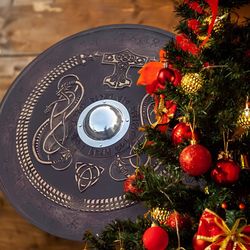 viking hand-carved wooden norse mythology dragon runic shield thor's hammer