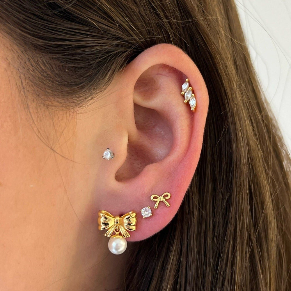 Silver Knot Bow Tie Earrings Dainty Ribbon Minimalist Band Everyday Stacking Earrings 0