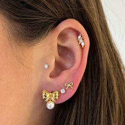 silver knot bow tie earrings, dainty ribbon minimalist band, everyday stacking earrings,