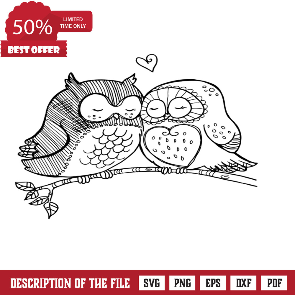 Owls in Love sitting on Tree Branch Black and White Clipart Free SVG File - SVG Heart.png