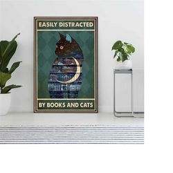 easily distracted by books and cats vintage poster,