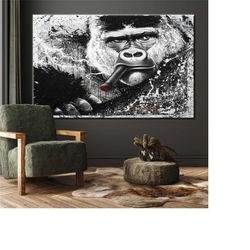 gorilla smoking, gorilla wall art, gorilla canvas, gorilla