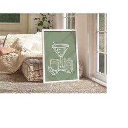 cocktail glass art print  trendy sage green