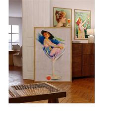 vintage wall art poster, vintage retro bar cart