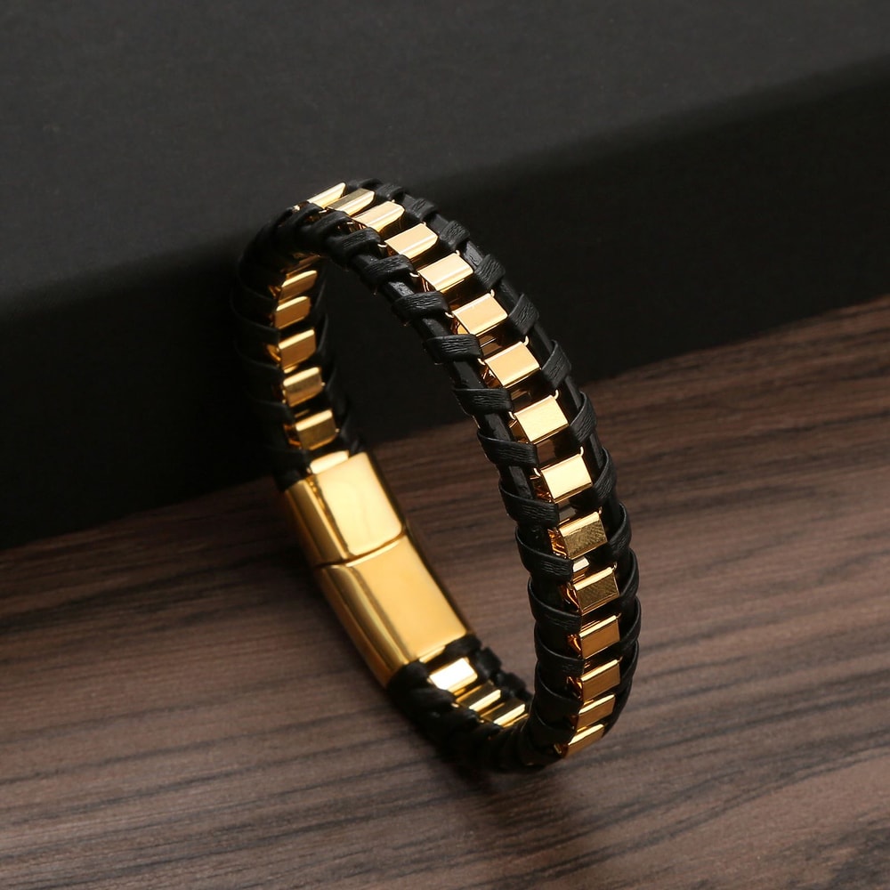 Charming Classic Hand Woven Leather Bracelets For Men Gold Black Stainless Steel Jewelry Punk HipHo 1