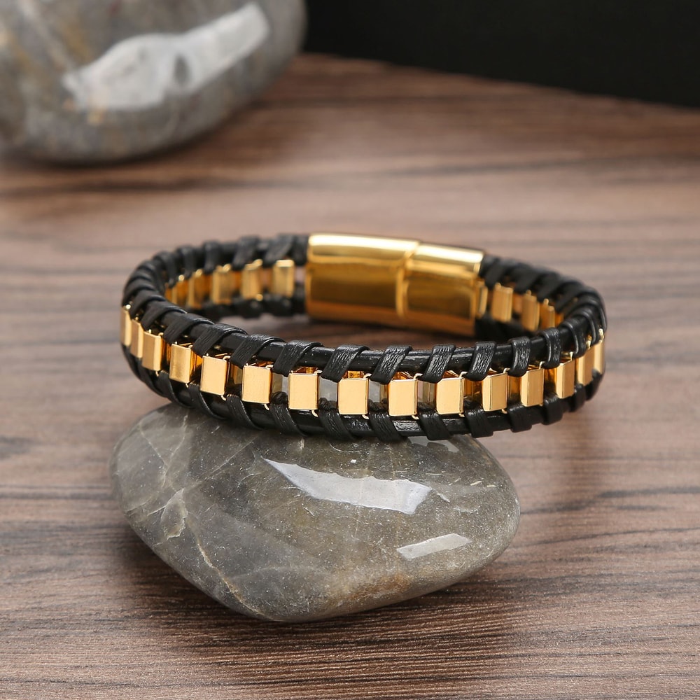 Charming Classic Hand Woven Leather Bracelets For Men Gold Black Stainless Steel Jewelry Punk HipHo 2