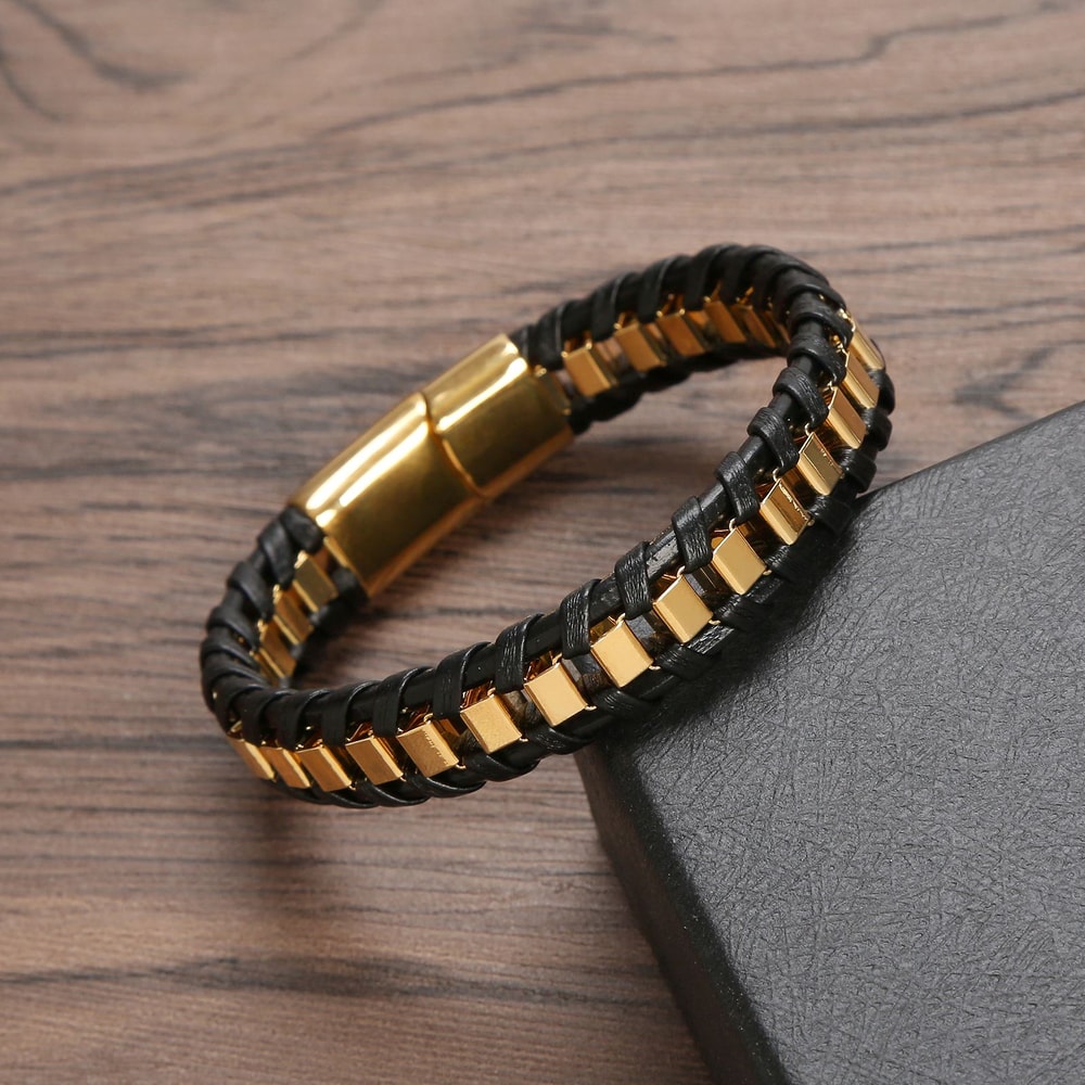 Charming Classic Hand Woven Leather Bracelets For Men Gold Black Stainless Steel Jewelry Punk HipHo 3