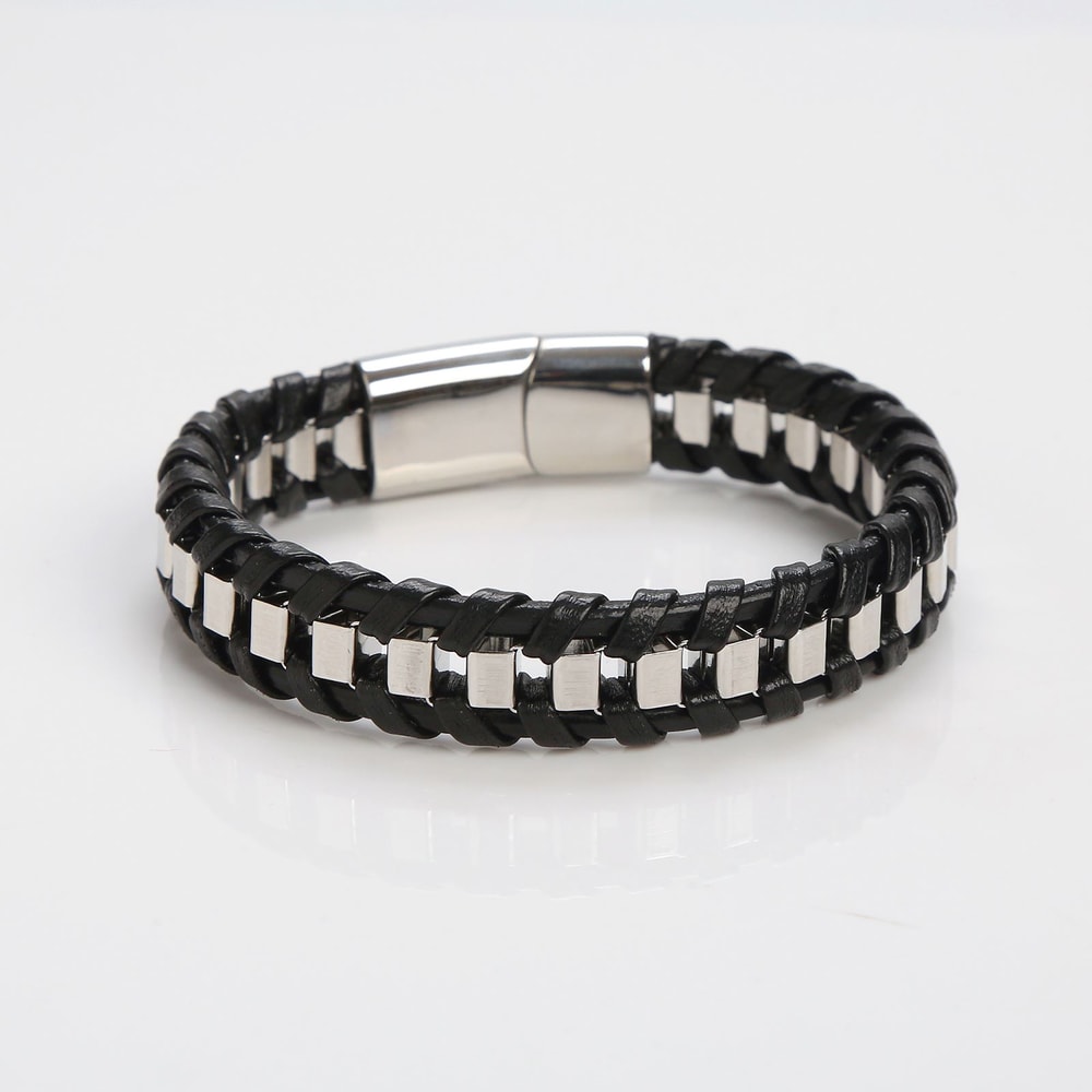 Charming Classic Hand Woven Leather Bracelets For Men Gold Black Stainless Steel Jewelry Punk HipHo 7
