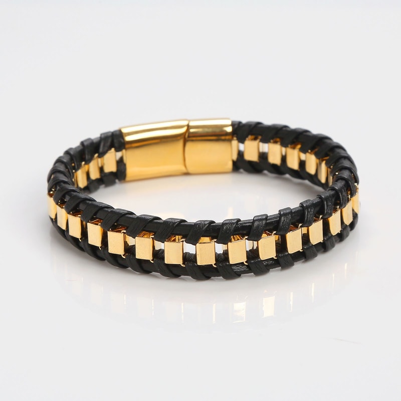 Charming Classic Hand Woven Leather Bracelets For Men Gold Black Stainless Steel Jewelry Punk HipHo 5